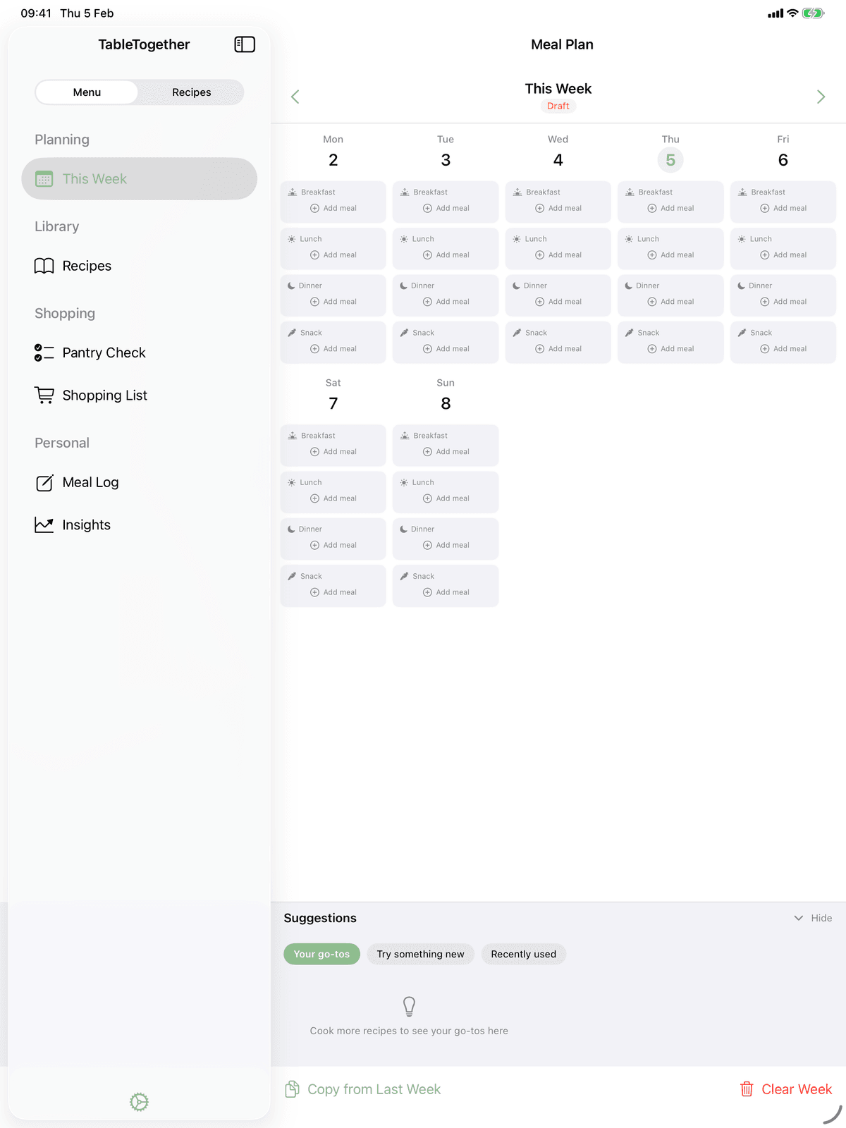 TableTogether week planner on iPad showing sidebar navigation and meal schedule