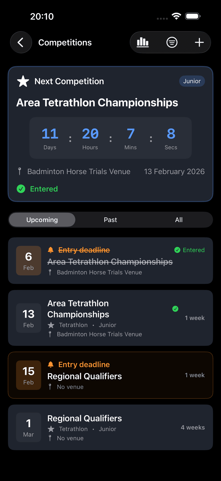 Competition calendar with countdown timer and upcoming events