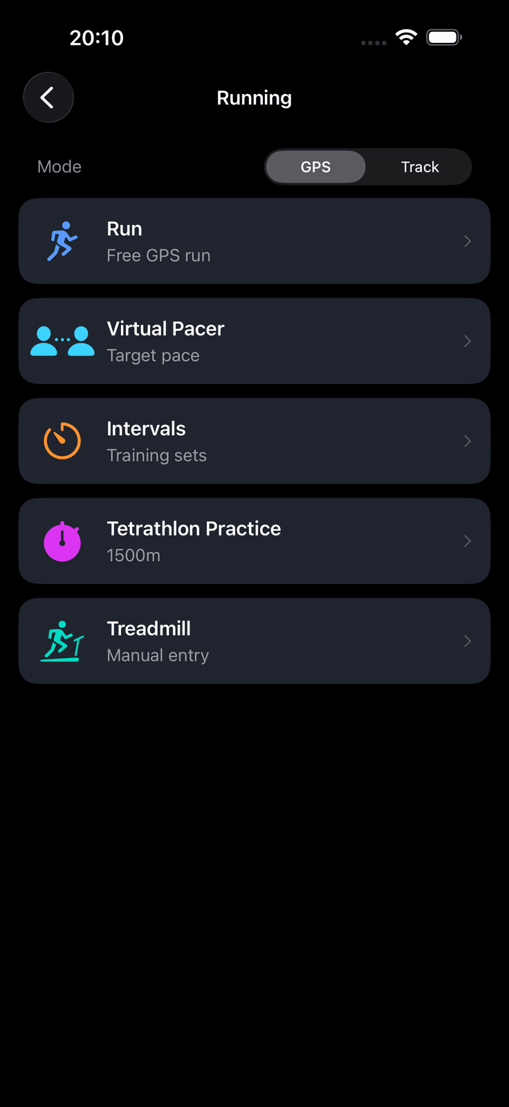 Running mode showing time trials, intervals, and treadmill options